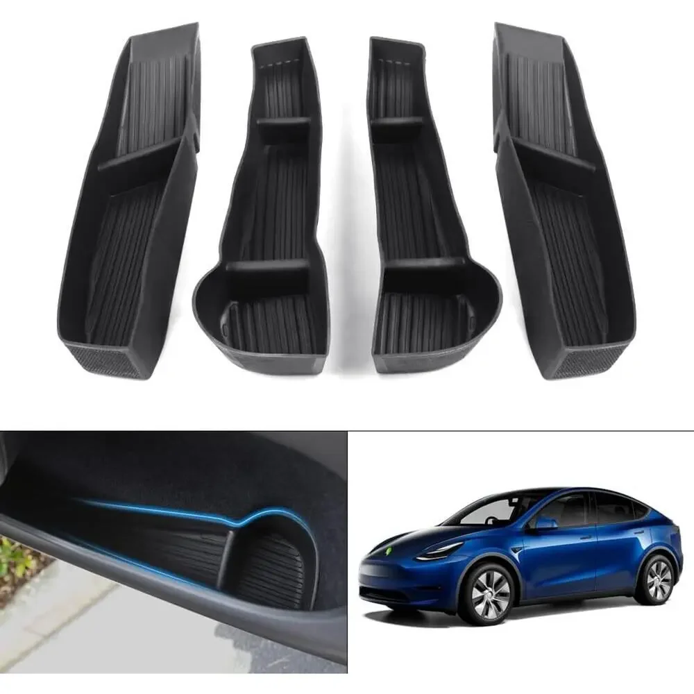 4-Pc Car Door Tray Organizer Set for 2020-2026 Tesla Model Y Black TPE